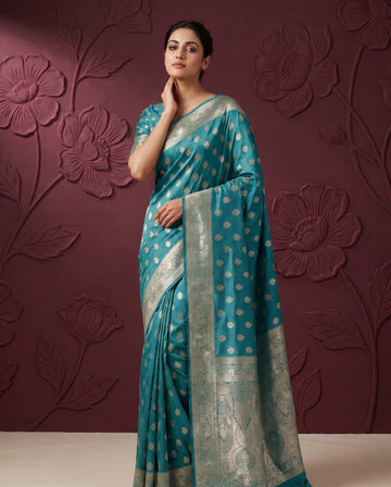 Aqua Blue Satin Silk Banarasi Weaving Saree