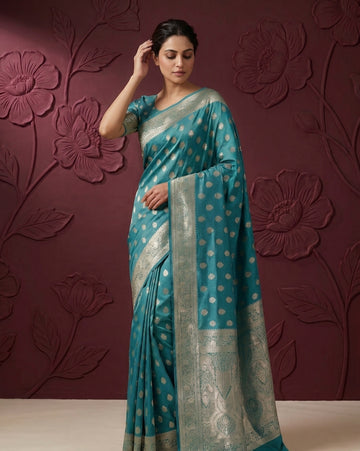 Aqua Blue Satin Silk Banarasi Weaving Saree
