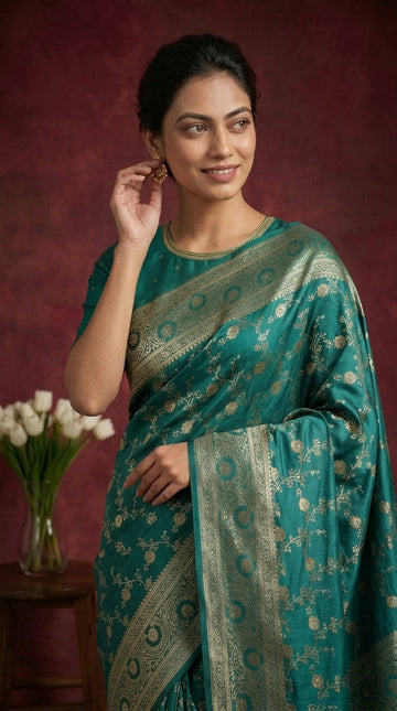 Teal Blue Banarasi Work Satin Silk Saree