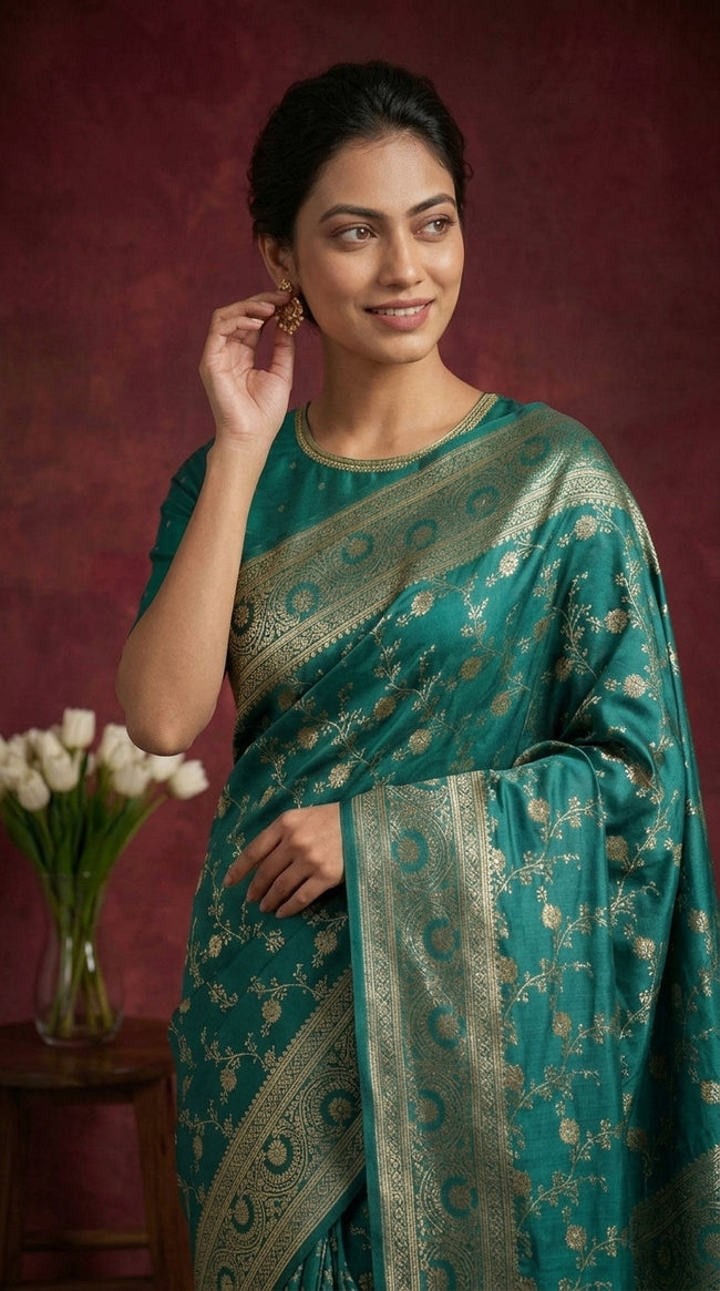 Teal Blue Banarasi Work Satin Silk Saree