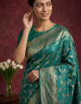 Teal Blue Banarasi Work Satin Silk Saree