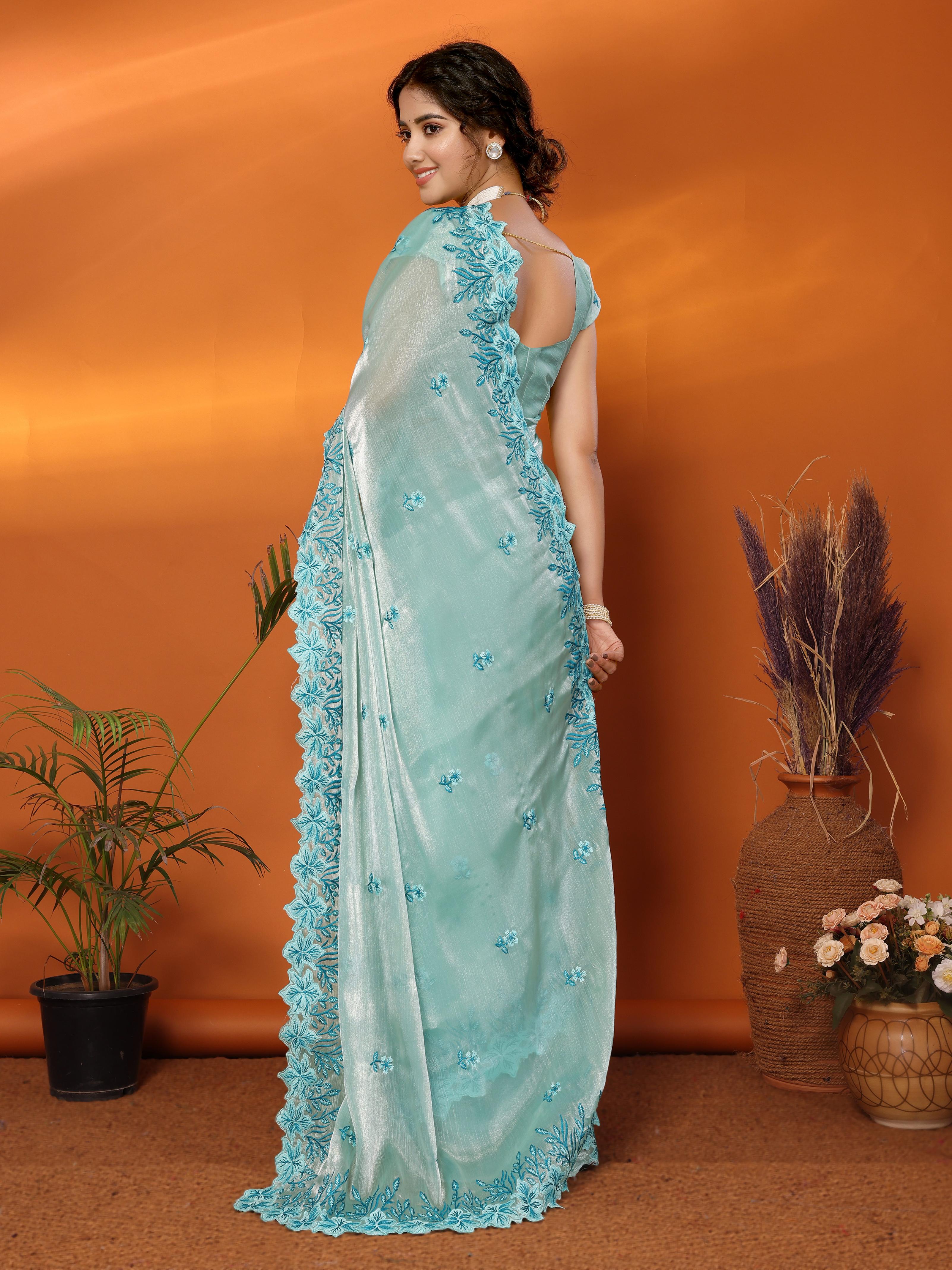 Blue Jimmy Choo Floral Embroidery Saree