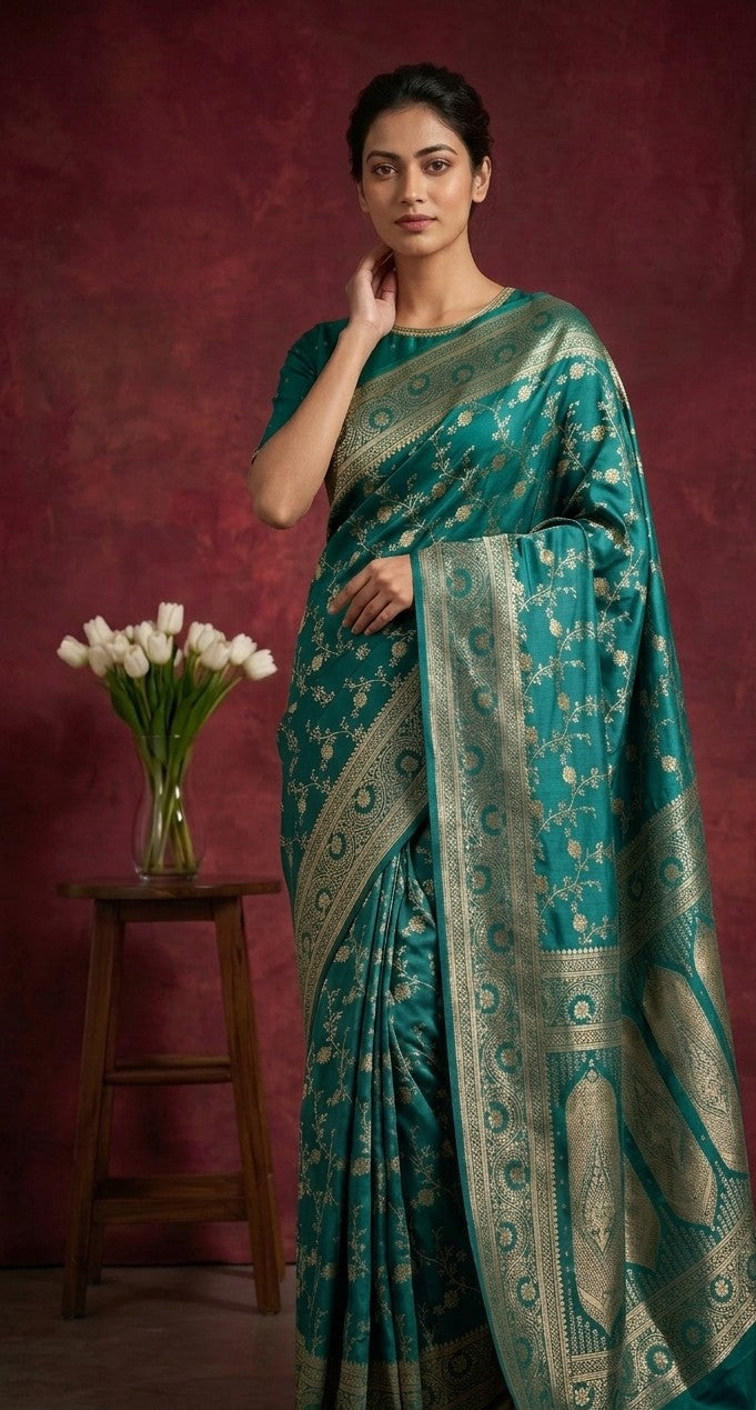 Teal Blue Banarasi Work Satin Silk Saree