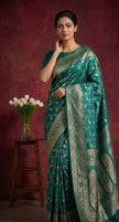 Teal Blue Banarasi Work Satin Silk Saree