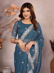 Blue Barbarick Silk Cutwork Saree For Wedding