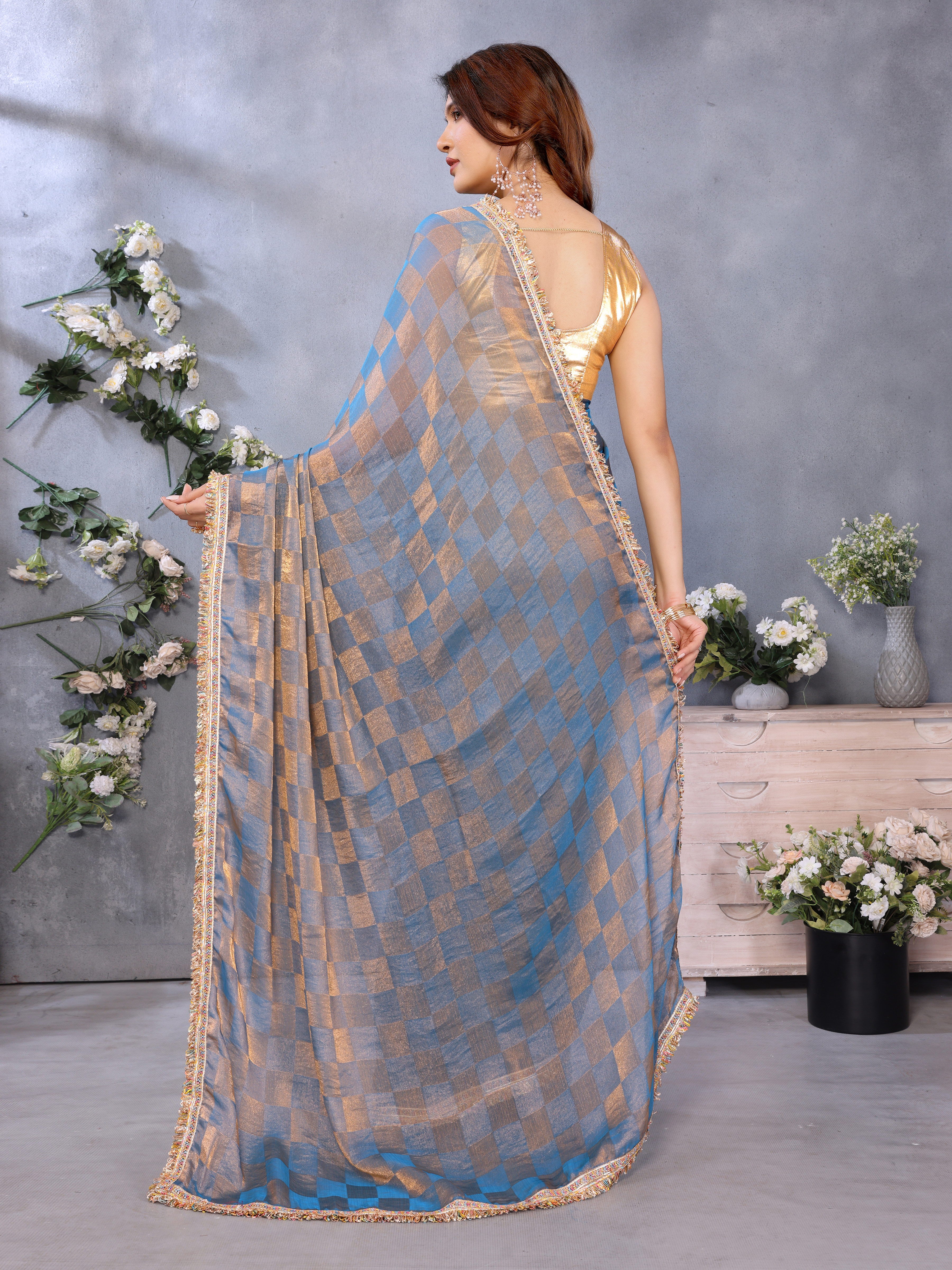 Blue Chiffon Checks with Sequin Embroidery Border For Diwali Saree