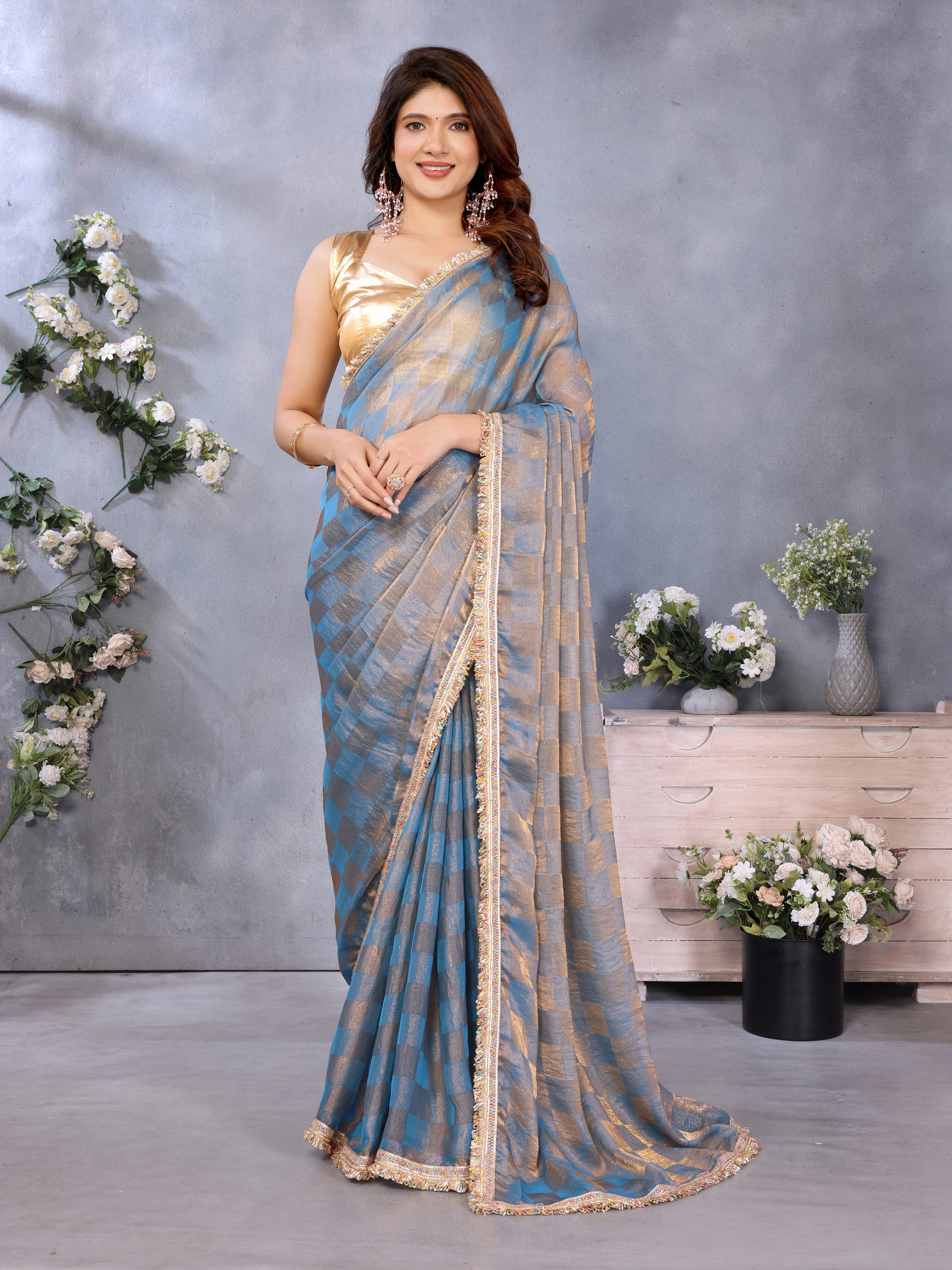 Blue Chiffon Checks with Sequin Embroidery Border For Diwali  Special Look