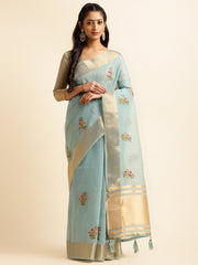 Blue Color Cotton Embroidery Saree For Festival