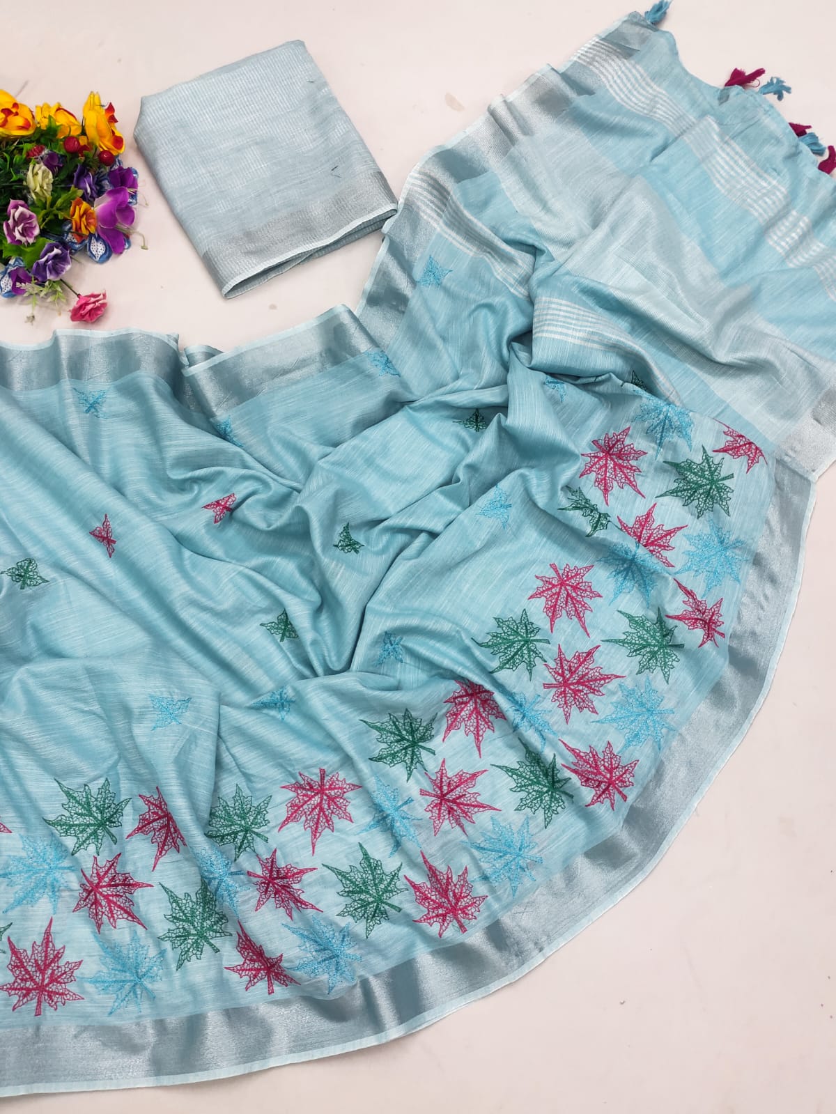 Blue Color Cotton Embroidery Silk Saree Design