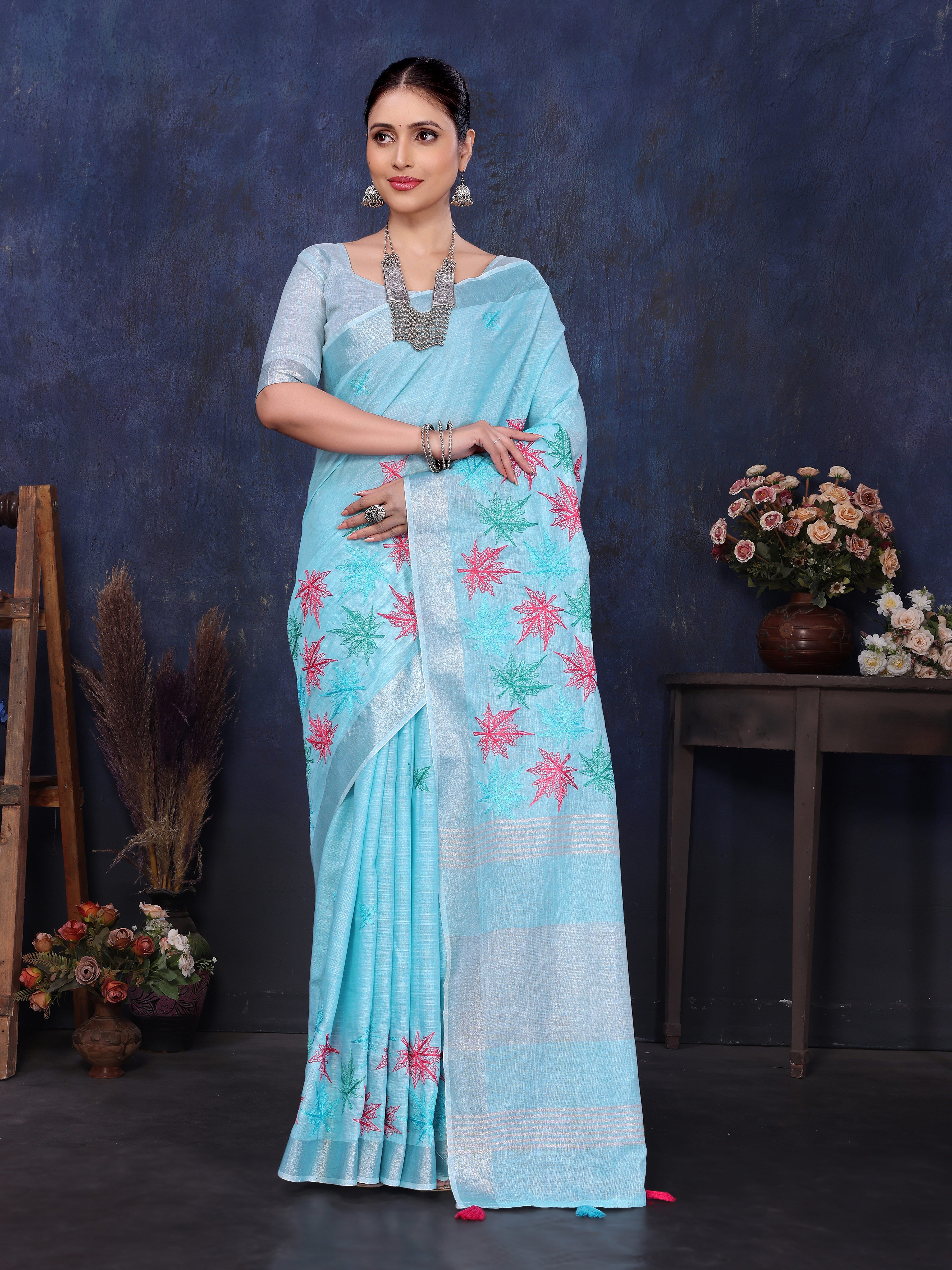Blue Color Cotton Linen Embroidery Saree 