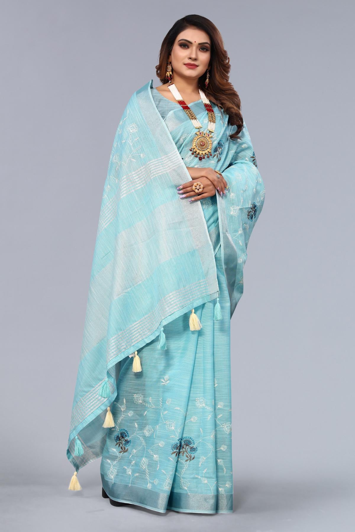 Blue Color Embroidered Cotton Linen Saree