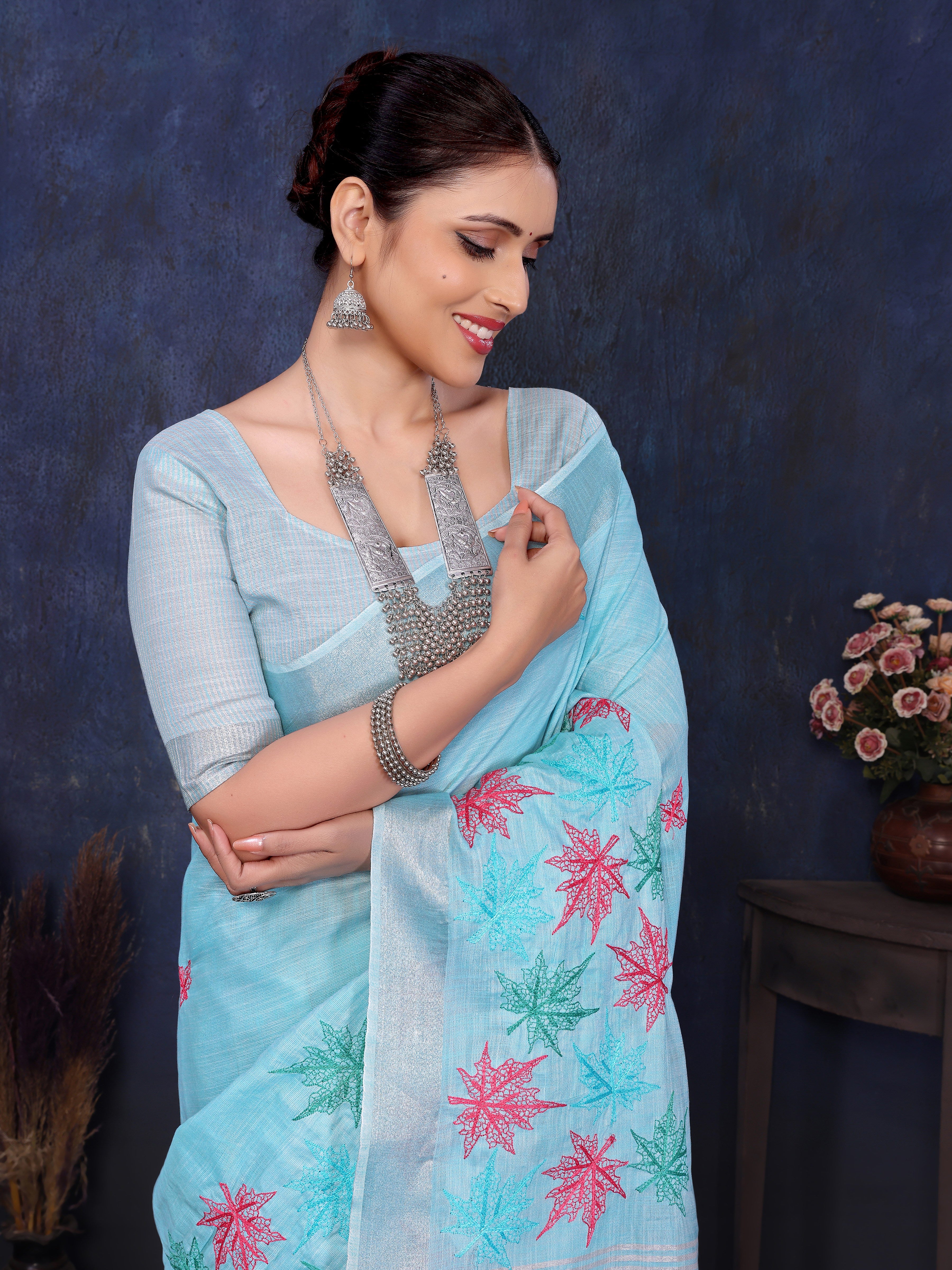Blue Cotton Linen Embroidered Saree For Wedding