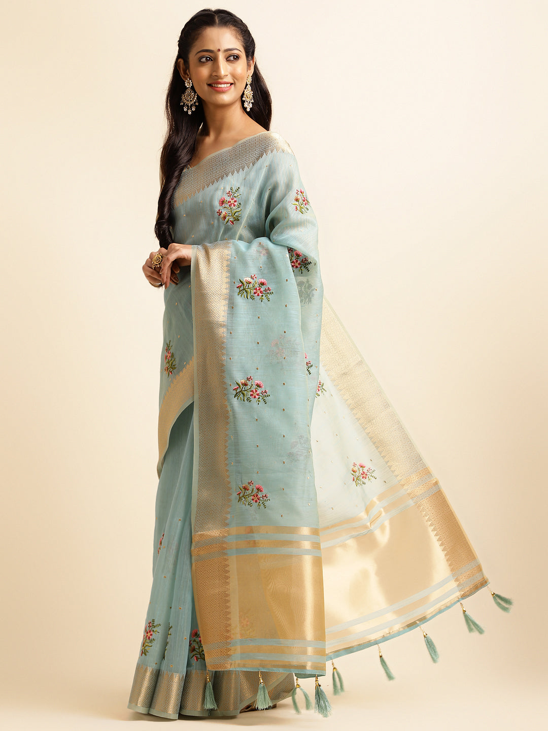 Blue Cotton Silk Floral Embroidery Saree For Festival