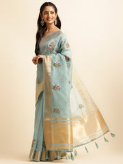 Blue Cotton Silk Floral Embroidery Saree For Festival