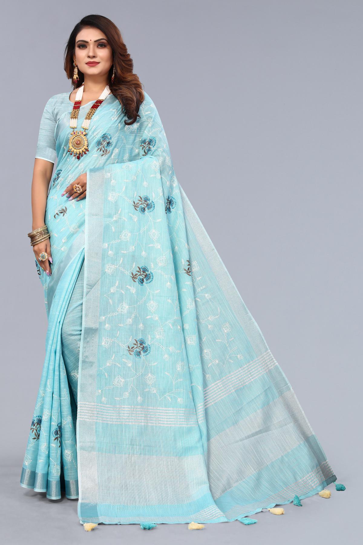 Blue Embroidered Linen Saree