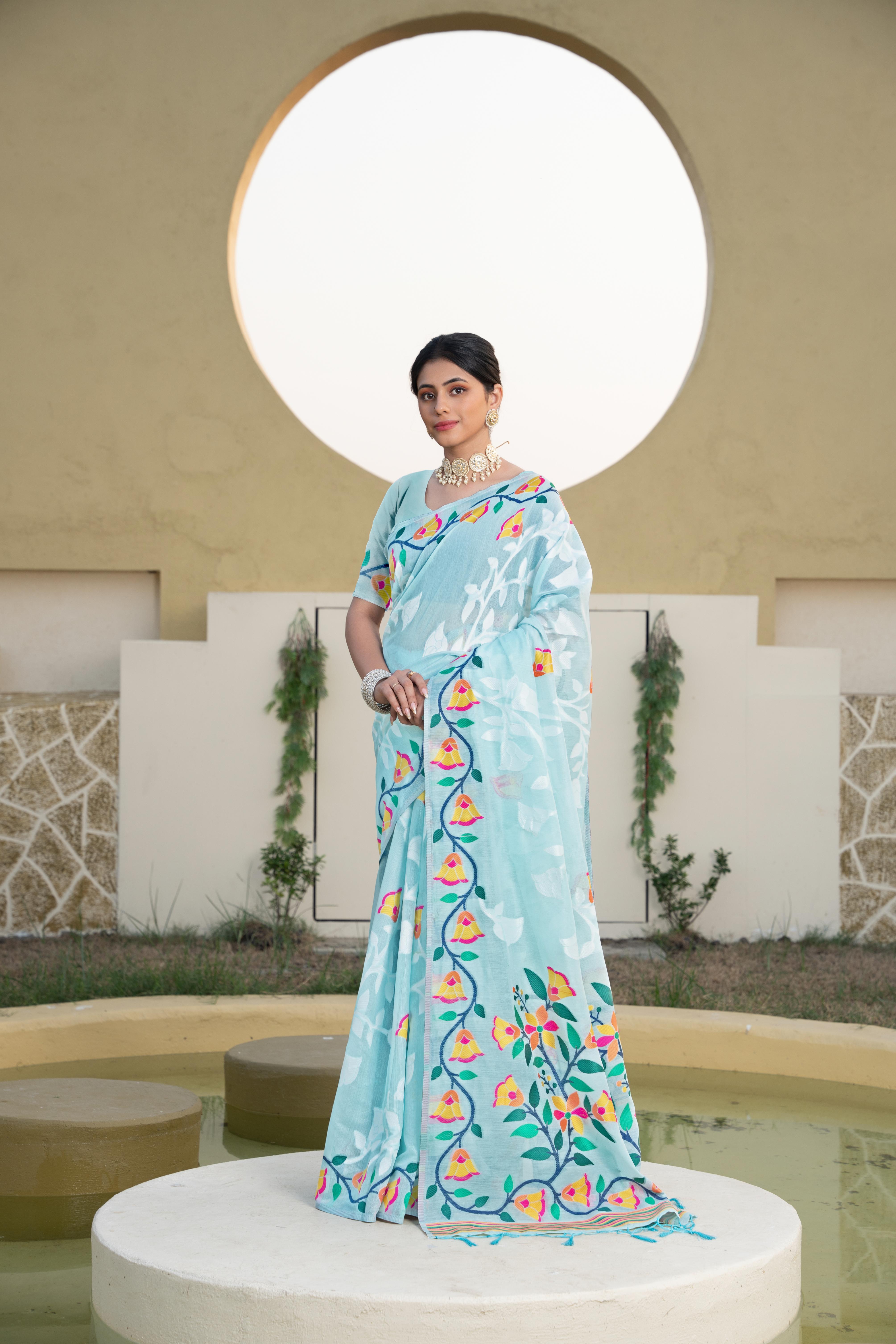 Blue Floral Printed Cotton Silk Saree – Trendy Jamdani Zari Look
