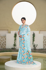Blue Floral Printed Cotton Silk Saree – Trendy Jamdani Zari Look