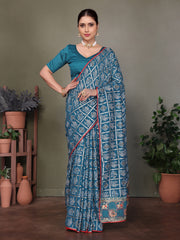 Blue Gujarati Bandhej Hand Print Saree For Navratri