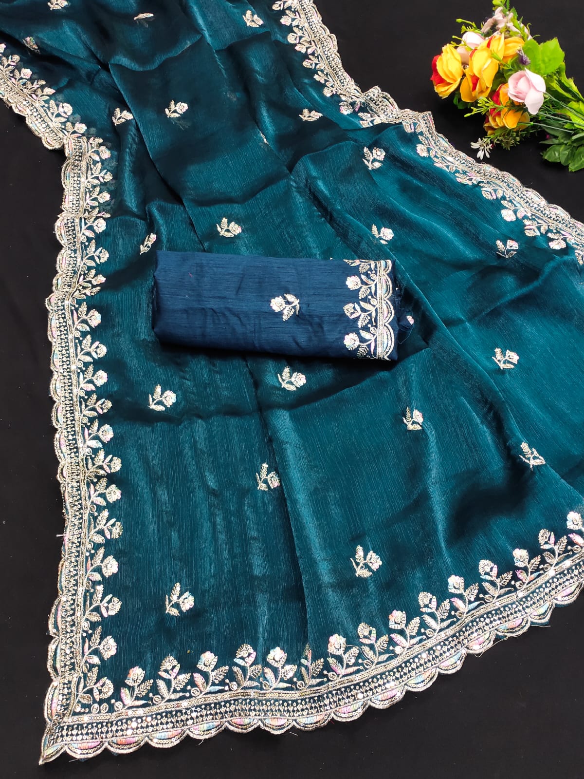 Blue Jimmy Choo Silk Saree With Multi Colour For Diwali 2025