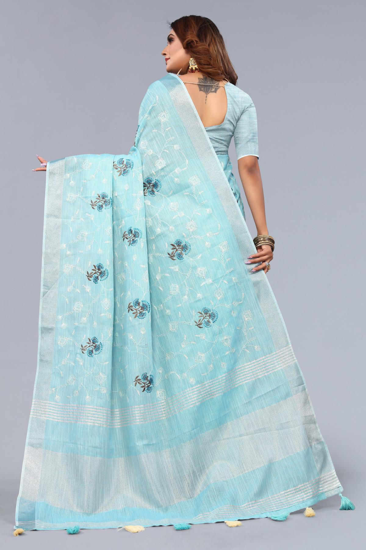 Blue Linen Cotton Saree With Embroidery 