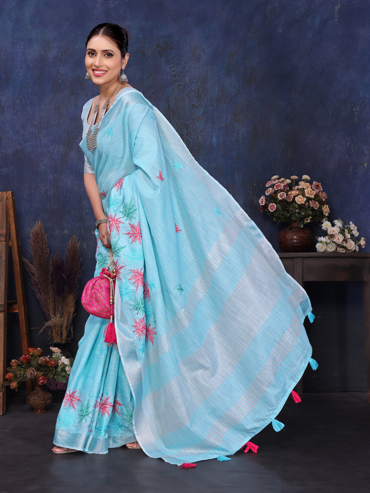Blue linen cotton embroidered saree