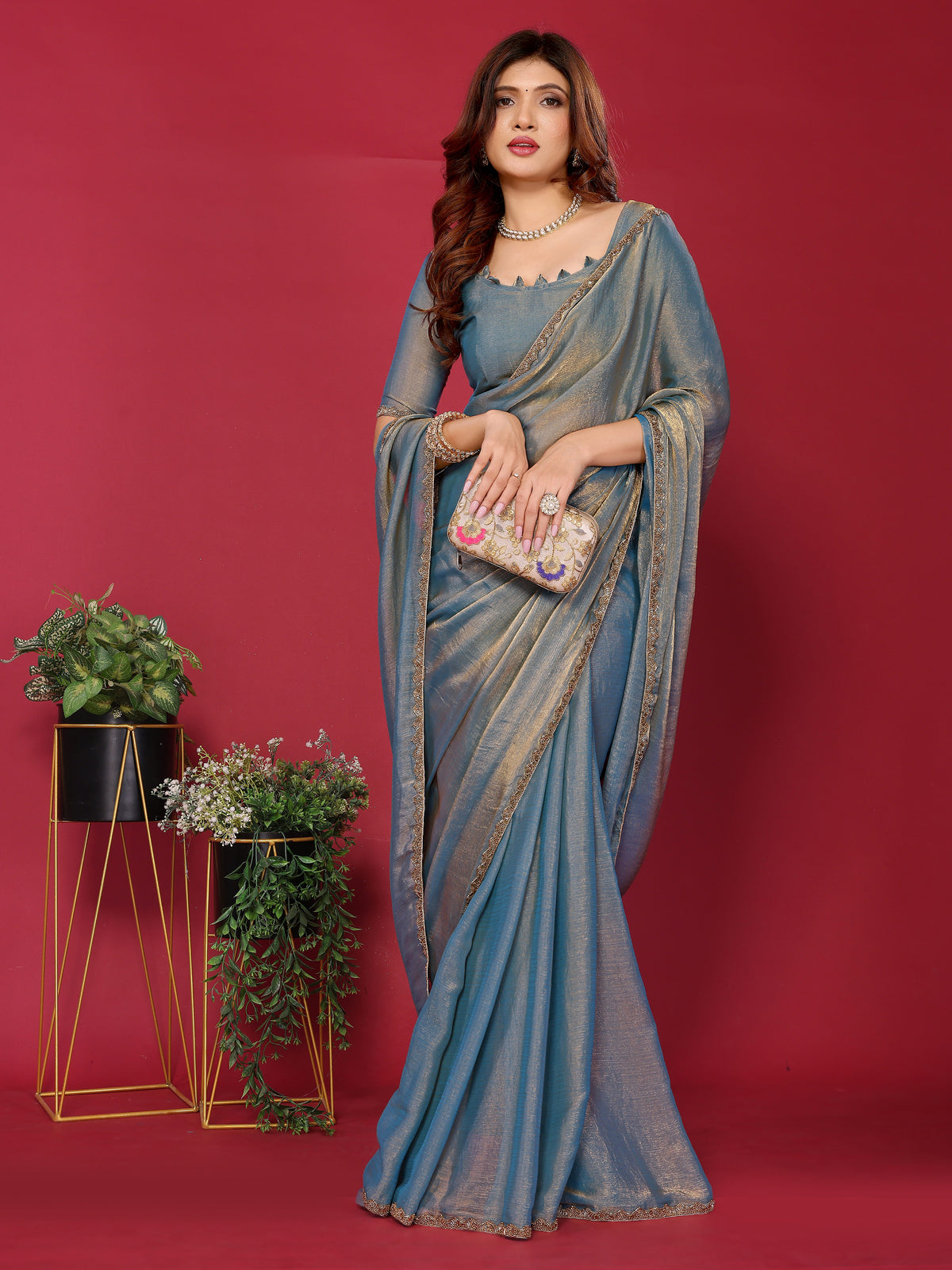 Blue satin silk saree with handwork
