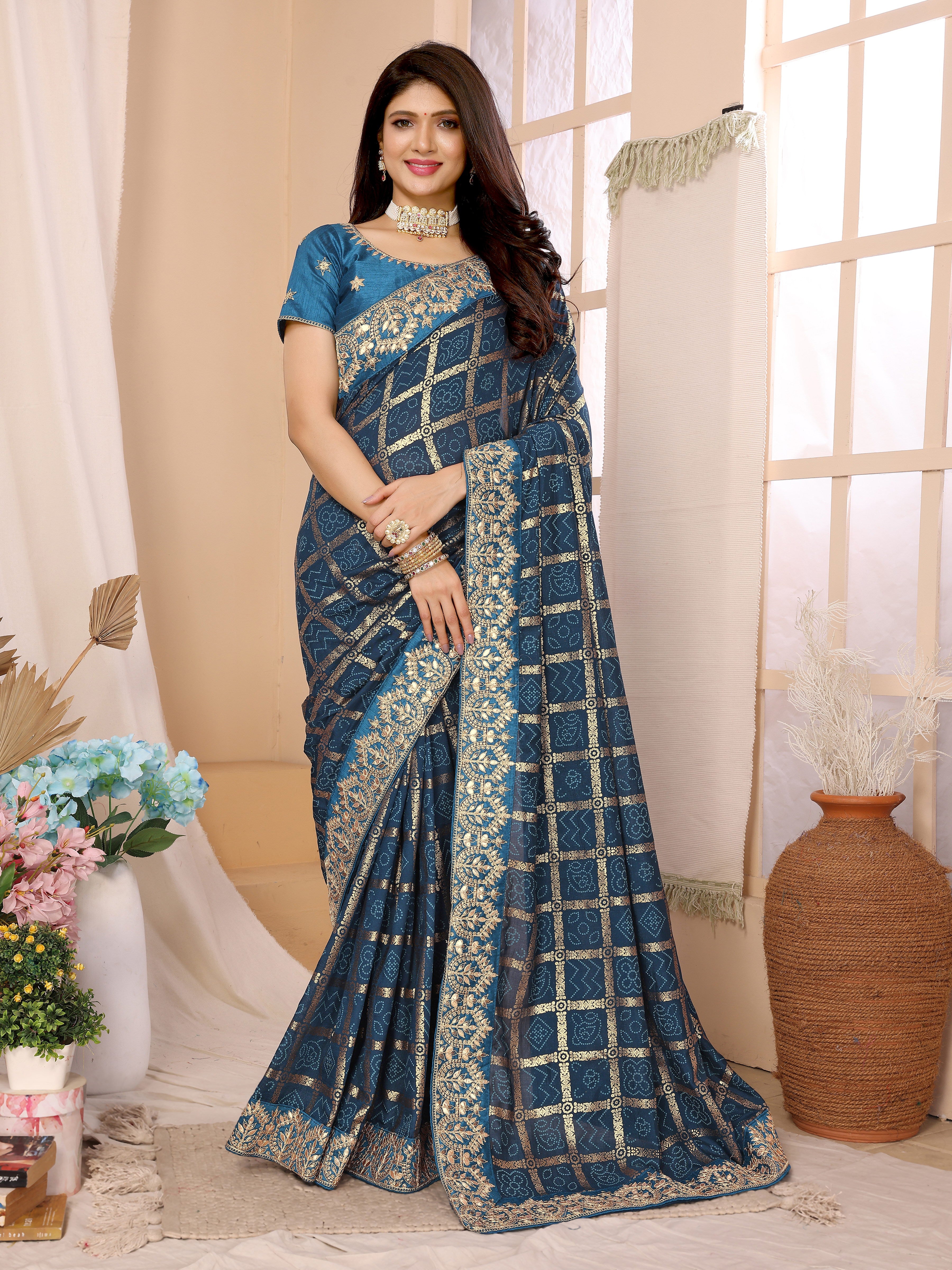Blue vichitra silk bandhani saree for festive wear