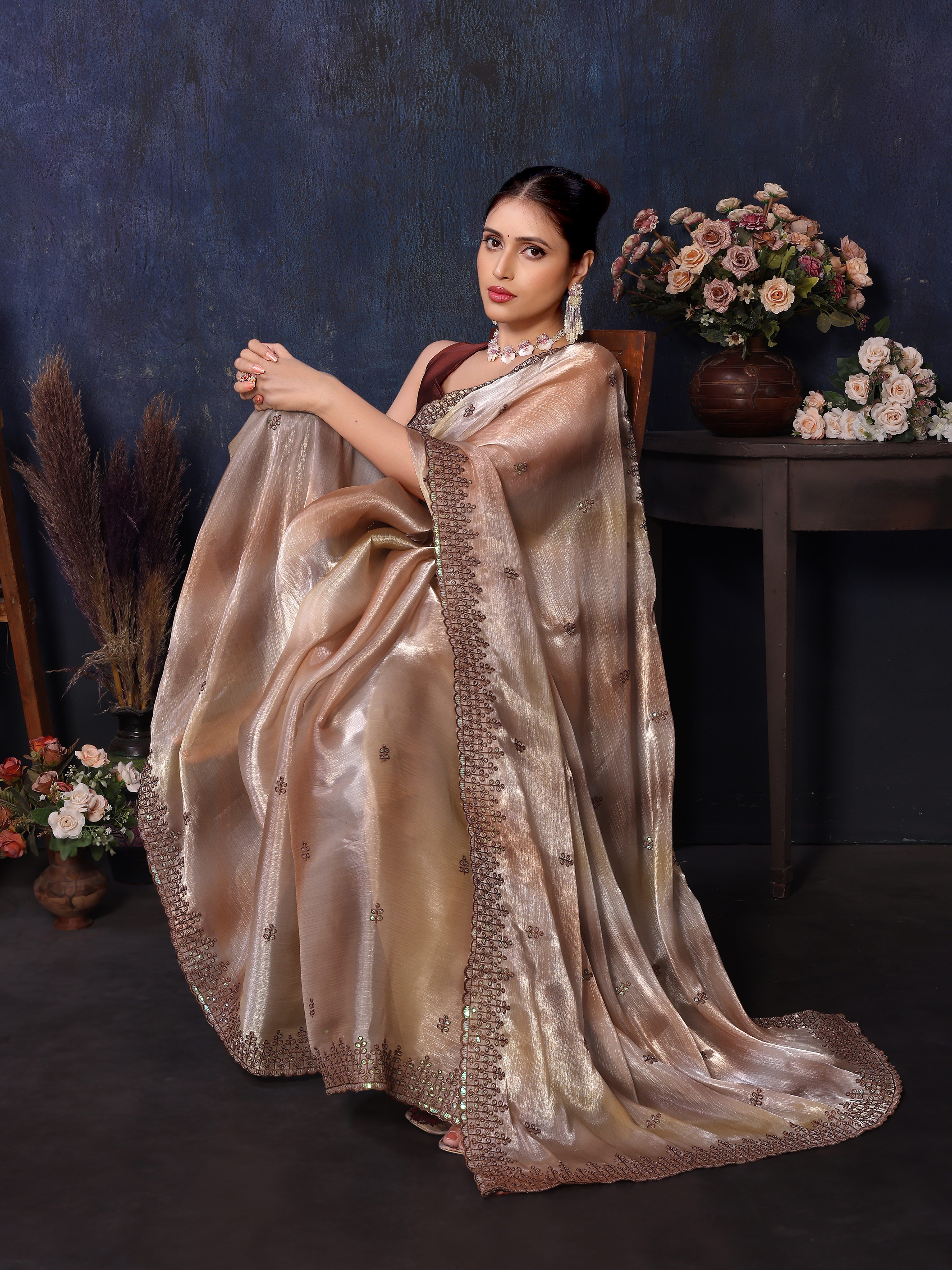 Brown Color Jimmy Choo Designer Satin Saree 