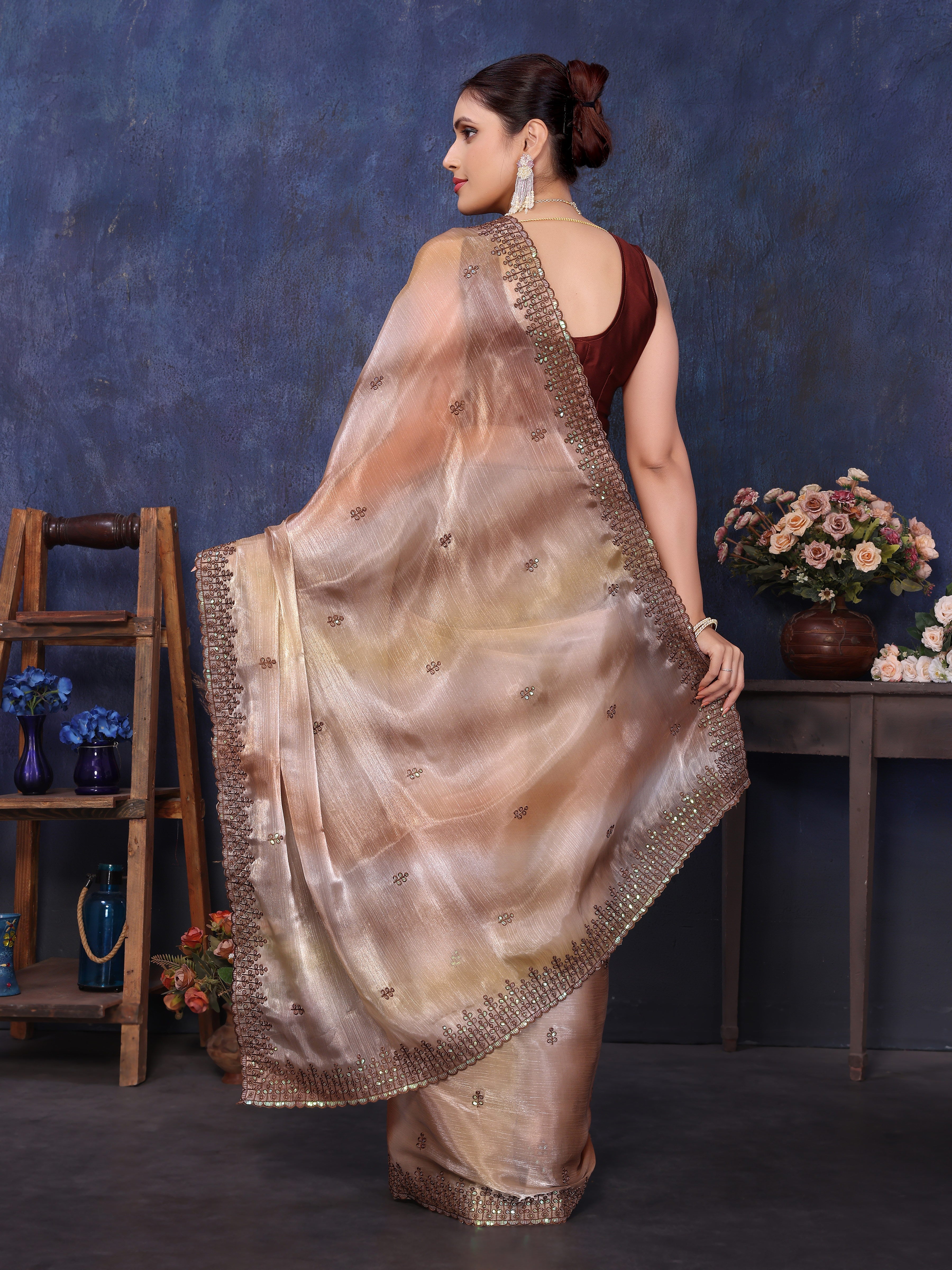 Brown Color Jimmy Choo Satin Silk Saree