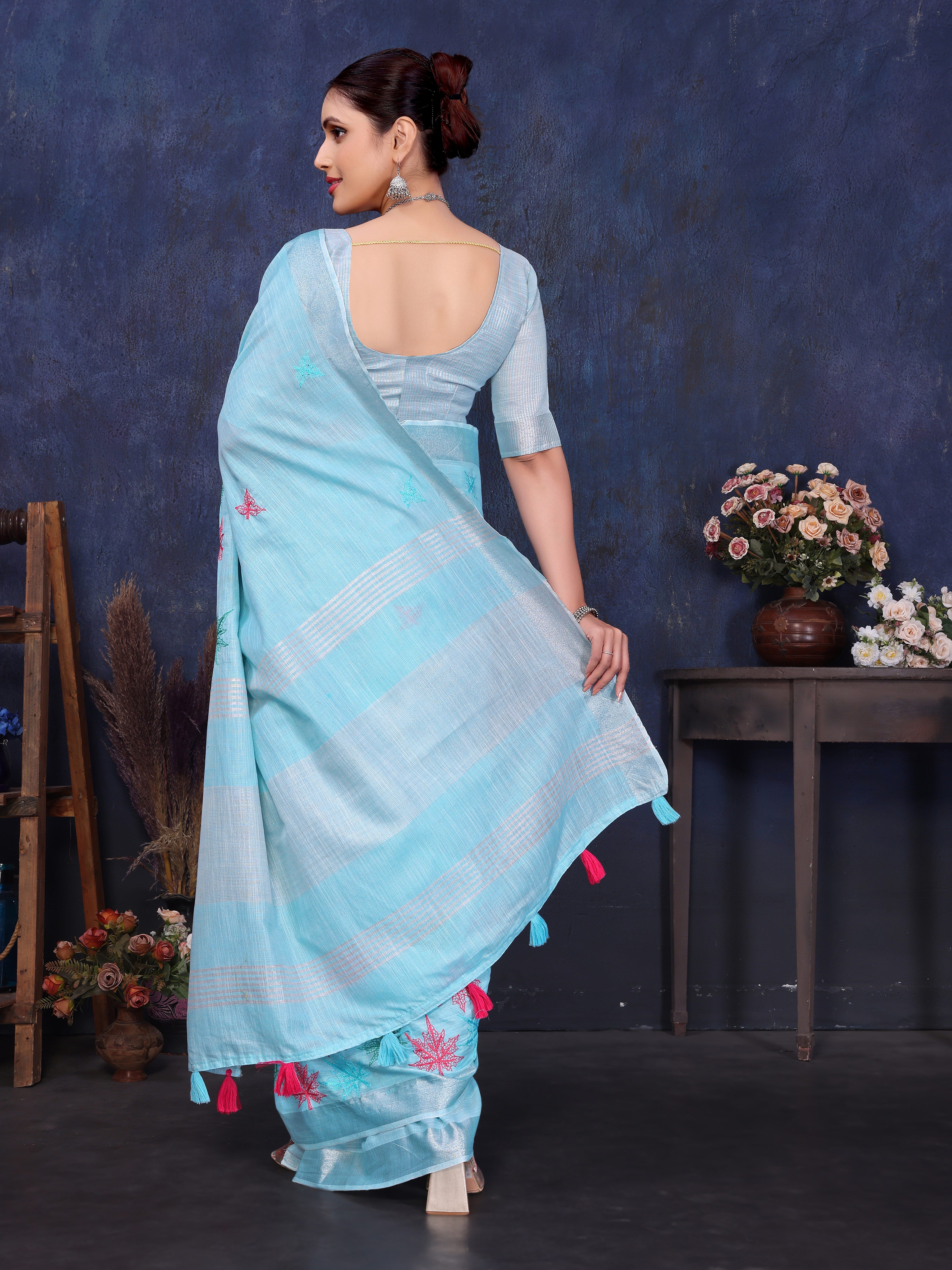 Buy Blue Embroidered Linen Saree Back Side Look