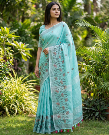 Sky Blue Linen Silk Saree