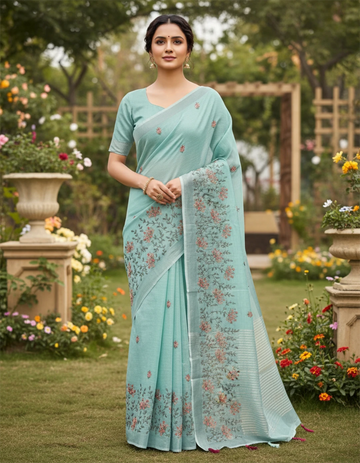Sky Blue Linen Silk Saree