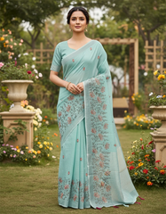 Sky Blue Linen Silk Saree