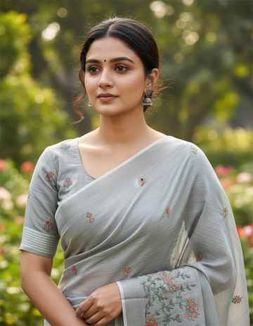 Grey Linen Silk Saree