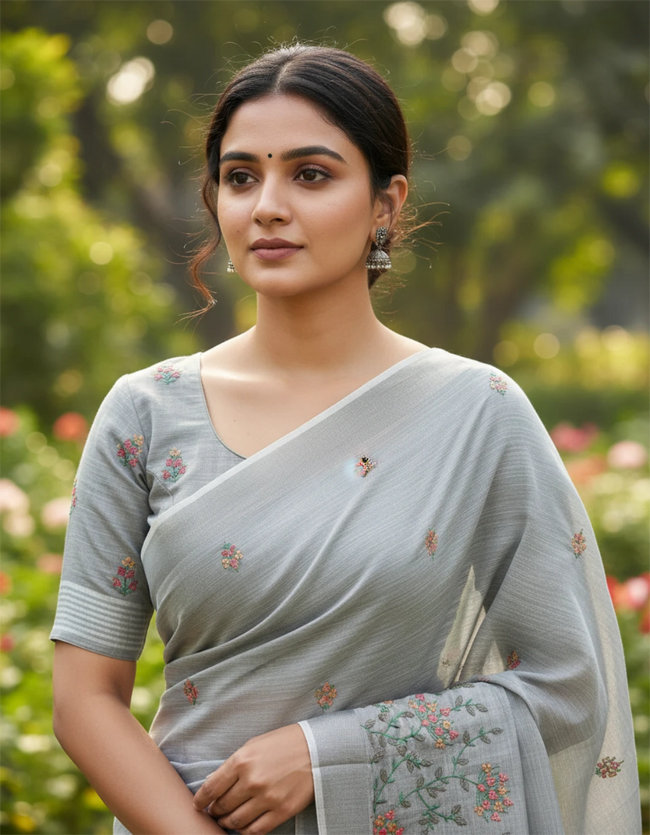 Grey Linen Silk Saree