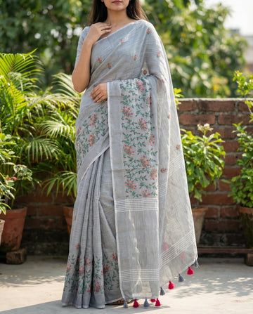 Grey Linen Silk Saree
