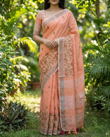 Orange Linen Silk Saree