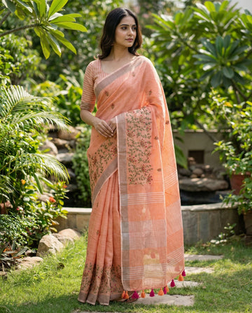 Orange Linen Silk Saree