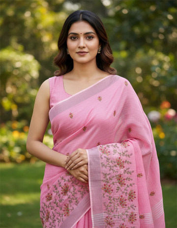 Pink Linen Silk Saree