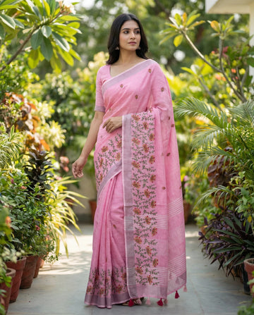 Pink Linen Silk Saree