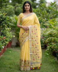 Yellow Linen Silk Saree