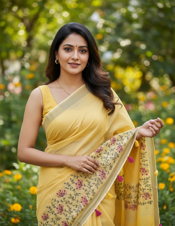Yellow Linen Silk Saree