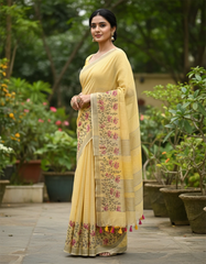 Yellow Linen Silk Saree