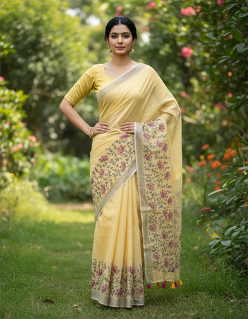 Yellow Linen Silk Saree