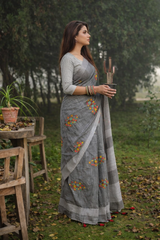 Grey Linen Silk Saree