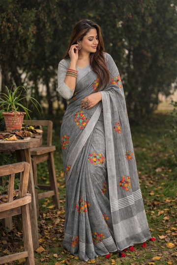 Grey Linen Silk Saree