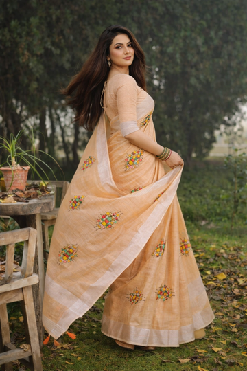 Orange Linen Silk Saree