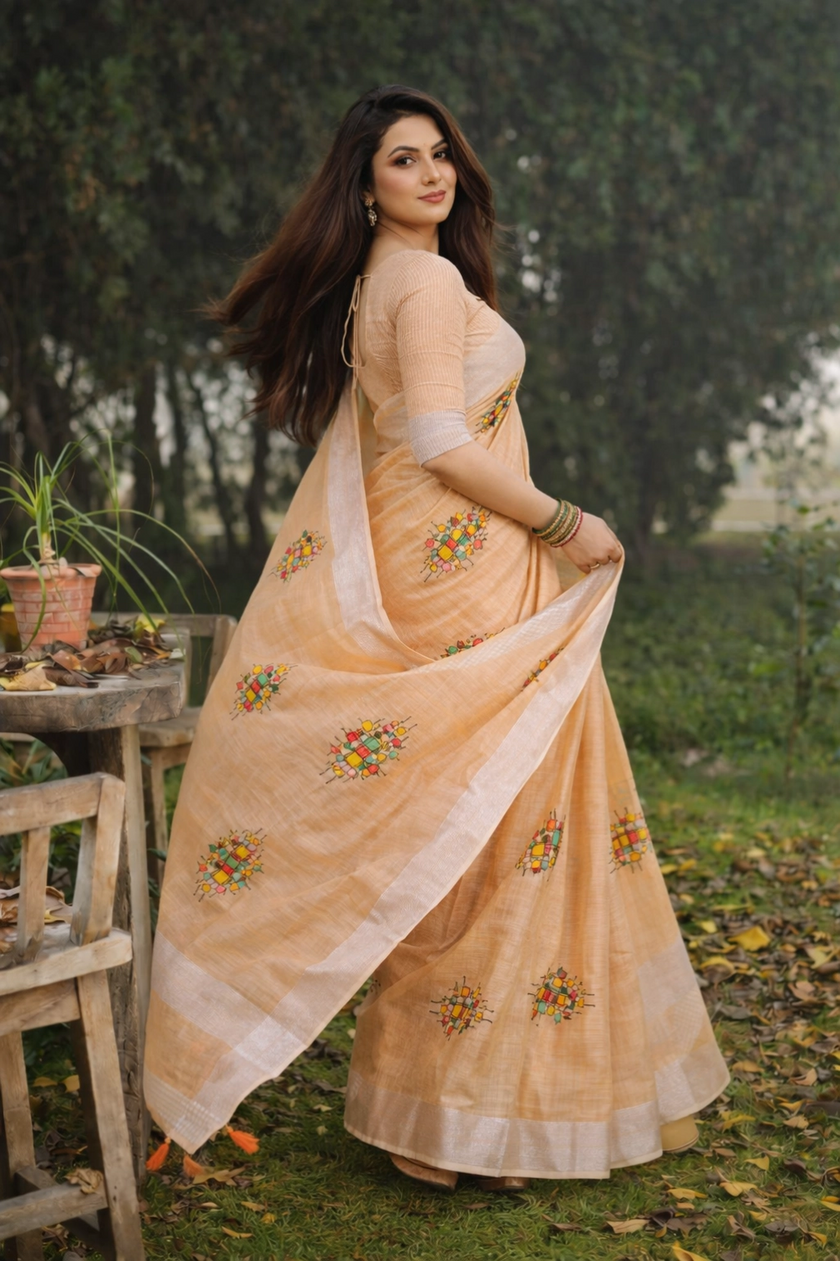 Orange Linen Silk Saree