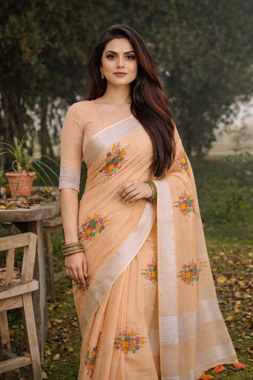 Orange Linen Silk Saree
