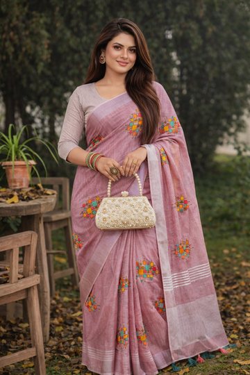 Pink Linen Silk Saree